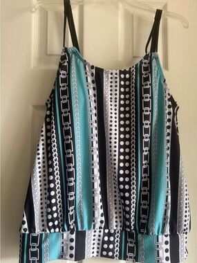 SHEIN Black White and Teal Striped Polka Dot Chain-Print Swim Tankini Top